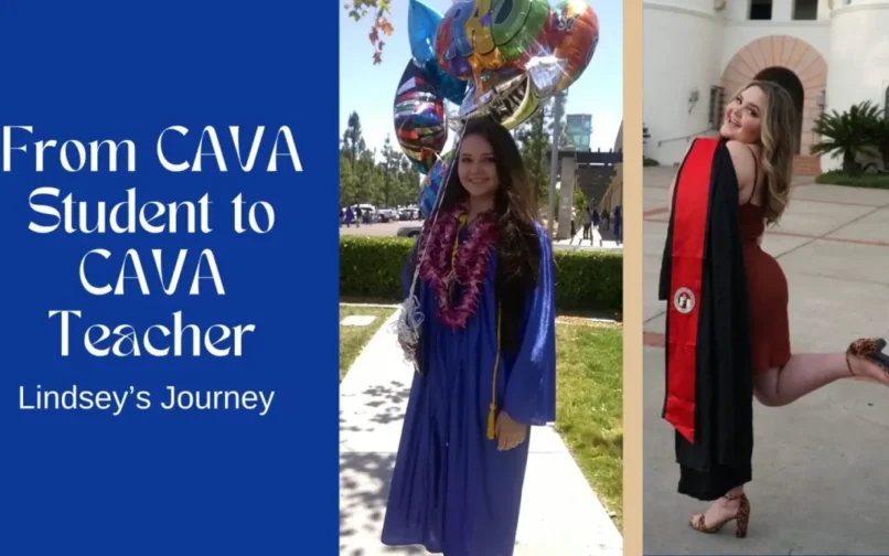 نص بديل: "صورة مقسمة بعنوان "من طالبة في CAVA إلى معلمة في CAVA: رحلة ليندسي". اليسار: امرأة ترتدي رداء تخرج أزرق مع بالونات وأكاليل زهور. اليمين: امرأة ترتدي فستانًا أحمر ووشاحًا أسود، تقف بفرح."